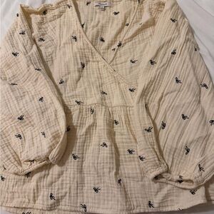 Madewell Cream Wrap Blouse with Navy Embroidery